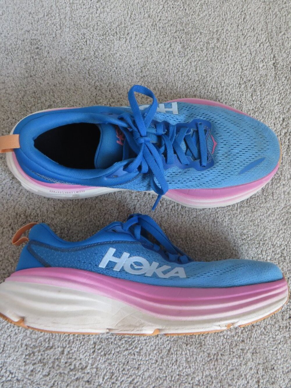 Hoka womens bondi 8 running shoes size 8.5 blue/pink FLAW